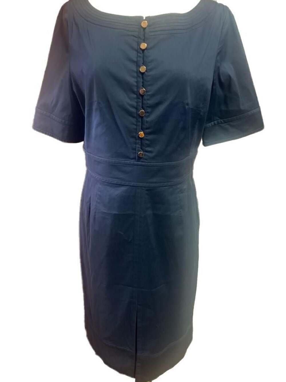 Tory Burch Navy Blue Cotton Short Sleeve Sheath Dress with Gold Buttons